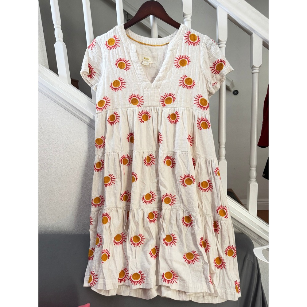 Maeve Anthropologie Sun Embroidered Tiered Babydoll Dress Ivory XS Short Sleeve